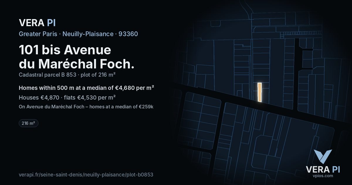 101 bis Avenue du Maréchal Foch, Neuilly-Plaisance at night – the plot lit, the parcels around coloured by the prices near them