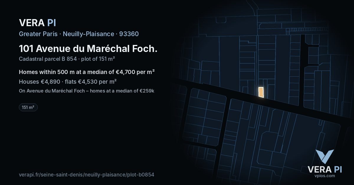 101 Avenue du Maréchal Foch, Neuilly-Plaisance at night – the plot lit, the parcels around coloured by the prices near them