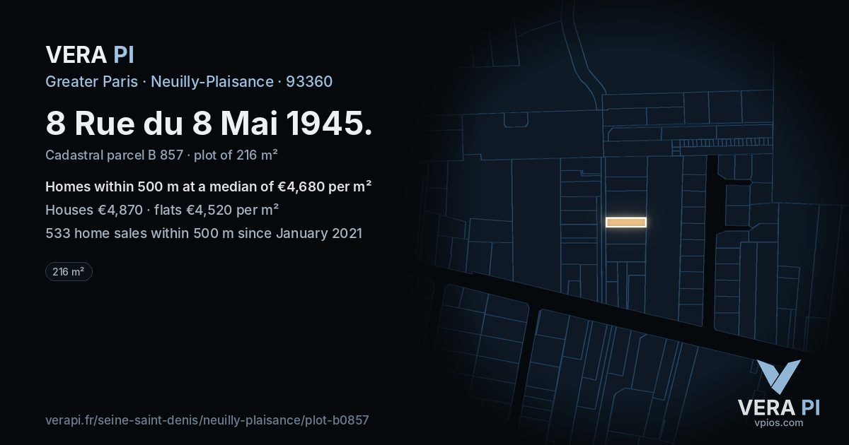 8 Rue du 8 Mai 1945, Neuilly-Plaisance at night – the plot lit, the parcels around coloured by the prices near them