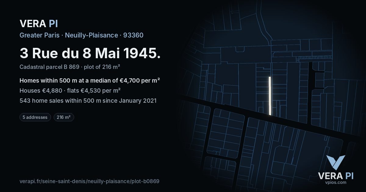 3 Rue du 8 Mai 1945, Neuilly-Plaisance at night – the plot lit, the parcels around coloured by the prices near them