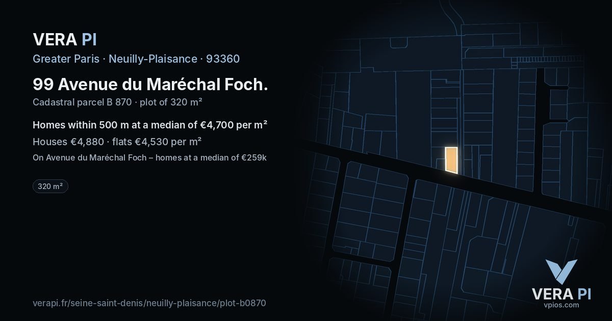 99 Avenue du Maréchal Foch, Neuilly-Plaisance at night – the plot lit, the parcels around coloured by the prices near them
