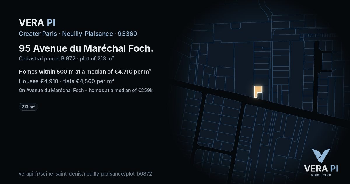 95 Avenue du Maréchal Foch, Neuilly-Plaisance at night – the plot lit, the parcels around coloured by the prices near them