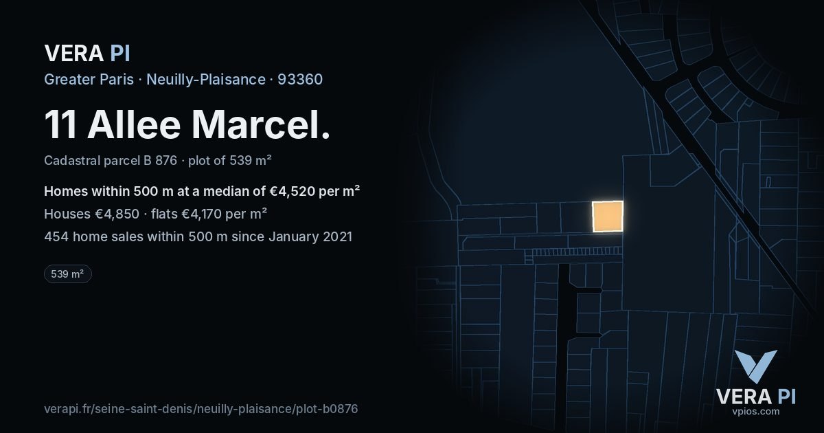 11 Allee Marcel, Neuilly-Plaisance at night – the plot lit, the parcels around coloured by the prices near them