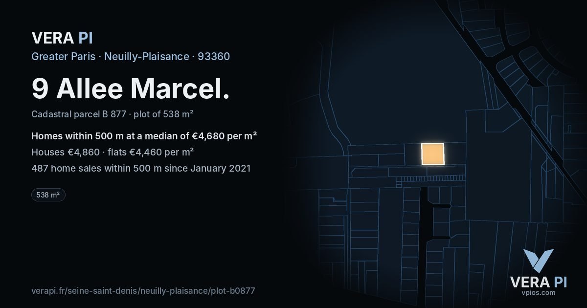 9 Allee Marcel, Neuilly-Plaisance at night – the plot lit, the parcels around coloured by the prices near them