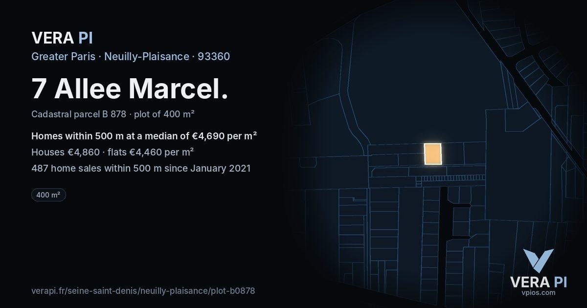 7 Allee Marcel, Neuilly-Plaisance at night – the plot lit, the parcels around coloured by the prices near them
