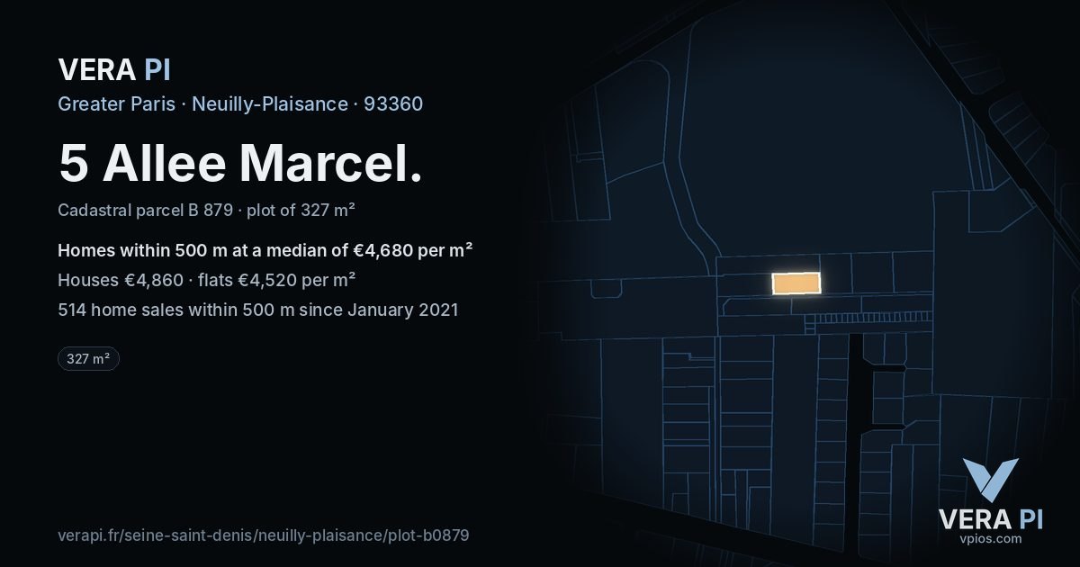 5 Allee Marcel, Neuilly-Plaisance at night – the plot lit, the parcels around coloured by the prices near them