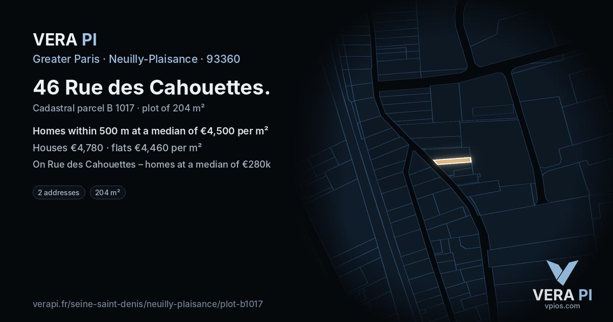 46 Rue des Cahouettes, Neuilly-Plaisance at night – the plot lit, the parcels around coloured by the prices near them