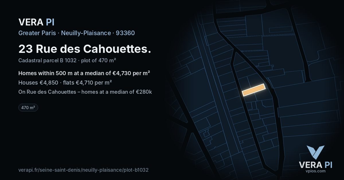 23 Rue des Cahouettes, Neuilly-Plaisance at night – the plot lit, the parcels around coloured by the prices near them