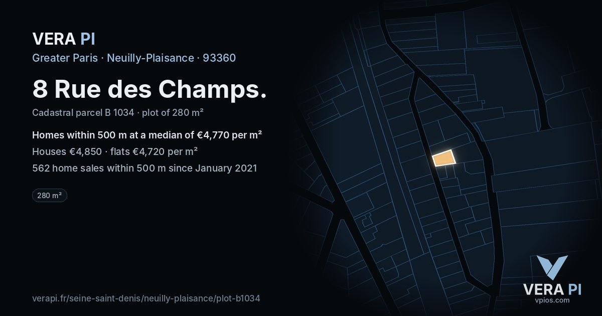8 Rue des Champs, Neuilly-Plaisance at night – the plot lit, the parcels around coloured by the prices near them