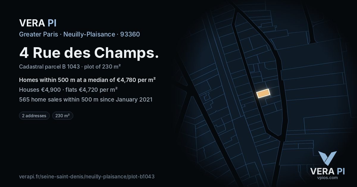 4 Rue des Champs, Neuilly-Plaisance at night – the plot lit, the parcels around coloured by the prices near them