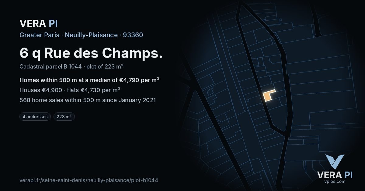 6 q Rue des Champs, Neuilly-Plaisance at night – the plot lit, the parcels around coloured by the prices near them