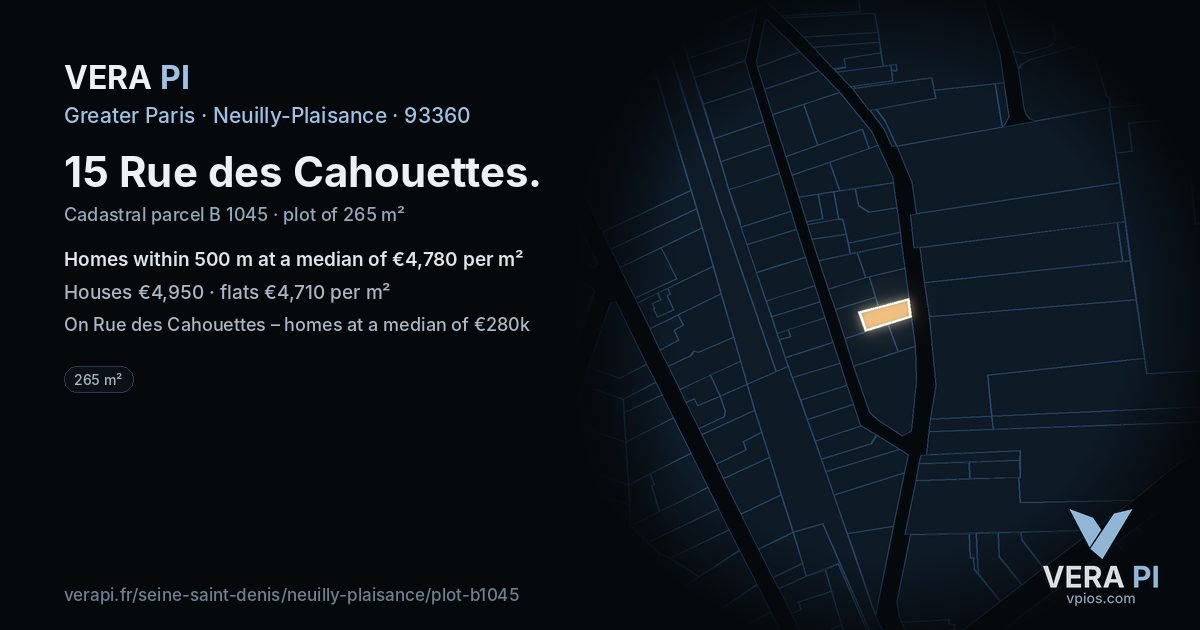 15 Rue des Cahouettes, Neuilly-Plaisance at night – the plot lit, the parcels around coloured by the prices near them