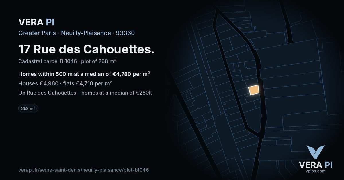 17 Rue des Cahouettes, Neuilly-Plaisance at night – the plot lit, the parcels around coloured by the prices near them