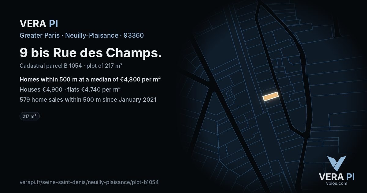9 bis Rue des Champs, Neuilly-Plaisance at night – the plot lit, the parcels around coloured by the prices near them