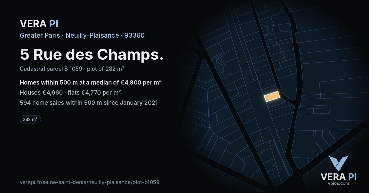 5 Rue des Champs, Neuilly-Plaisance at night – the plot lit, the parcels around coloured by the prices near them