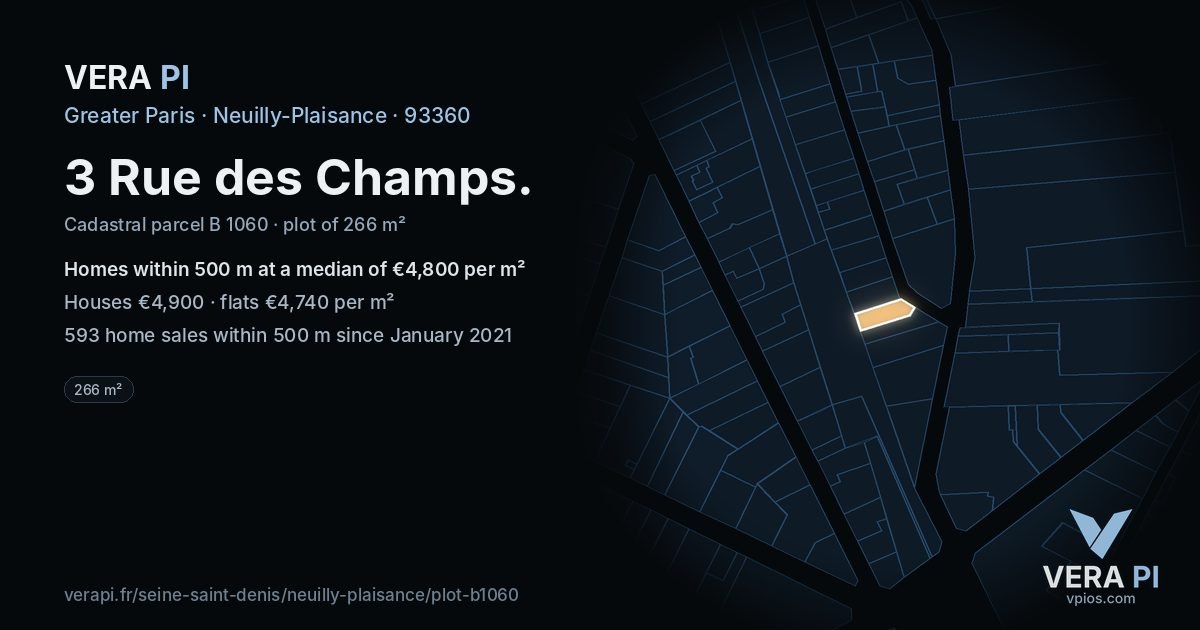 3 Rue des Champs, Neuilly-Plaisance at night – the plot lit, the parcels around coloured by the prices near them