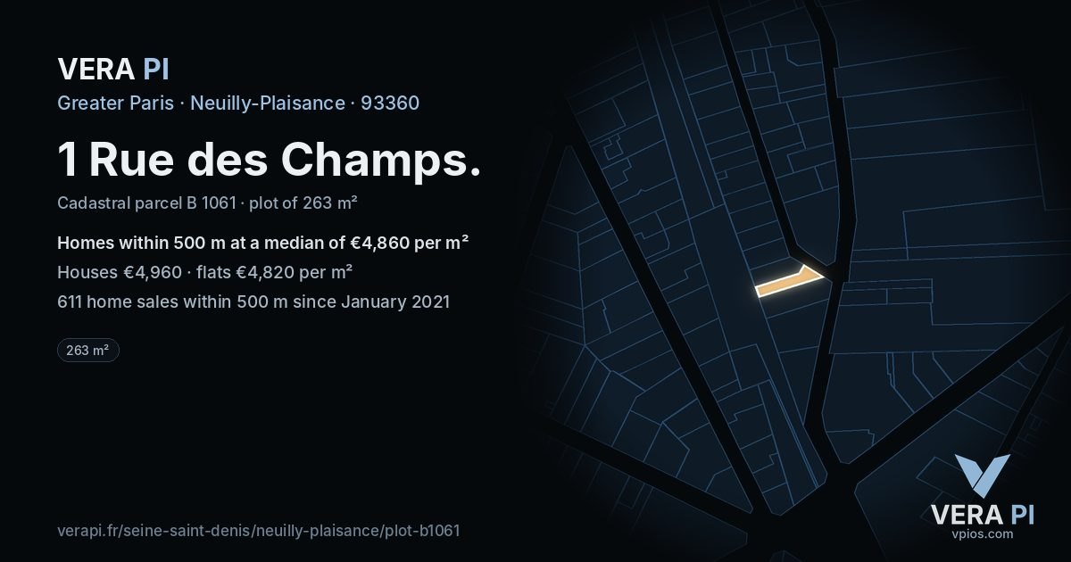 1 Rue des Champs, Neuilly-Plaisance at night – the plot lit, the parcels around coloured by the prices near them