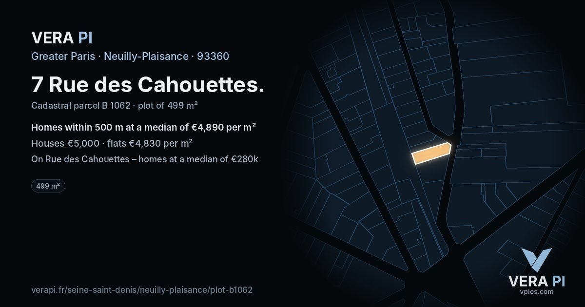 7 Rue des Cahouettes, Neuilly-Plaisance at night – the plot lit, the parcels around coloured by the prices near them