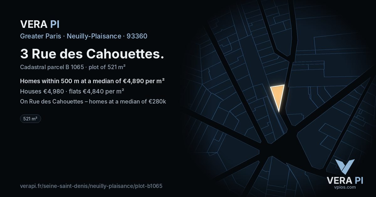 3 Rue des Cahouettes, Neuilly-Plaisance at night – the plot lit, the parcels around coloured by the prices near them