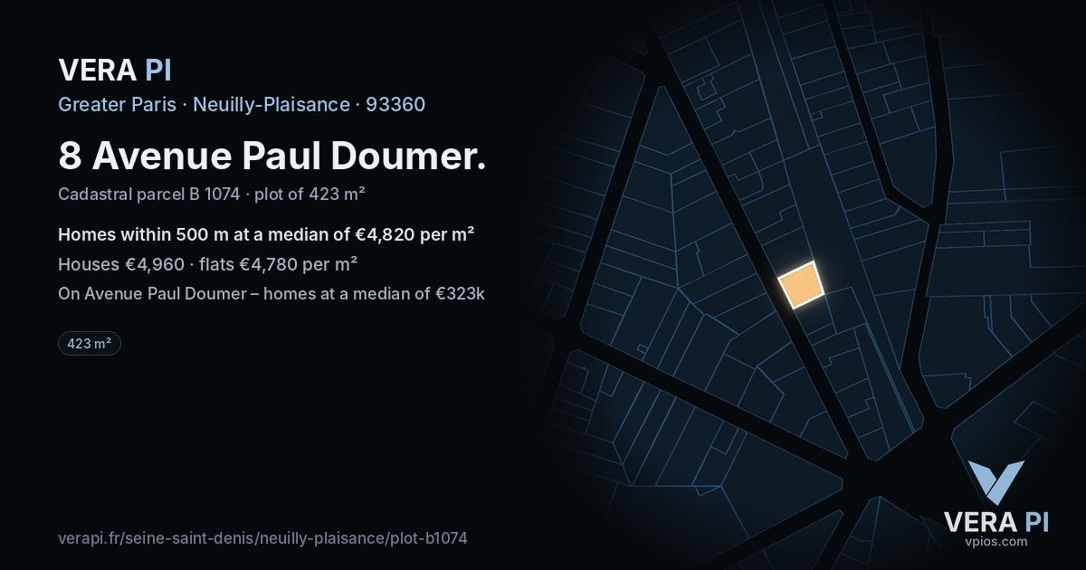 8 Avenue Paul Doumer, Neuilly-Plaisance at night – the plot lit, the parcels around coloured by the prices near them