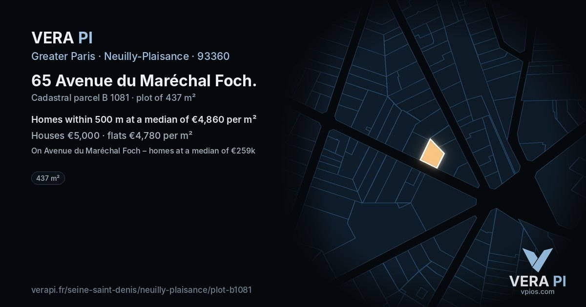65 Avenue du Maréchal Foch, Neuilly-Plaisance at night – the plot lit, the parcels around coloured by the prices near them