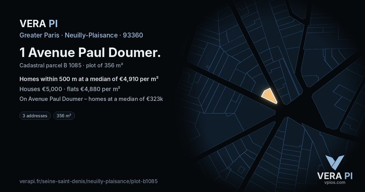 1 Avenue Paul Doumer, Neuilly-Plaisance at night – the plot lit, the parcels around coloured by the prices near them