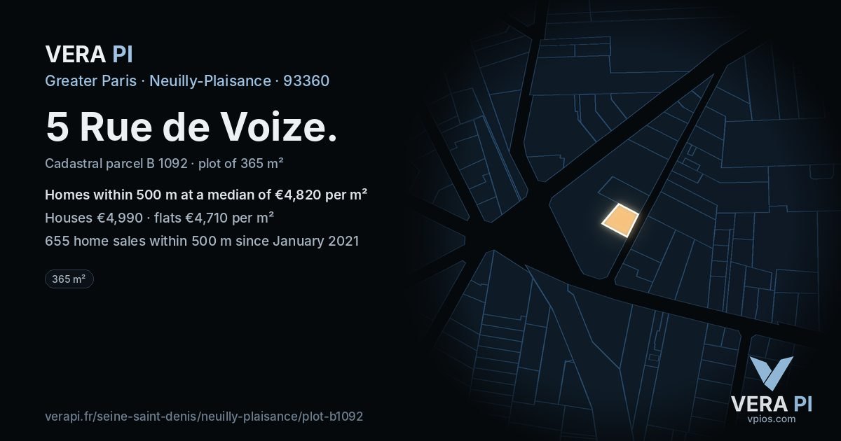 5 Rue de Voize, Neuilly-Plaisance at night – the plot lit, the parcels around coloured by the prices near them