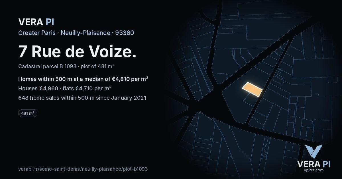7 Rue de Voize, Neuilly-Plaisance at night – the plot lit, the parcels around coloured by the prices near them