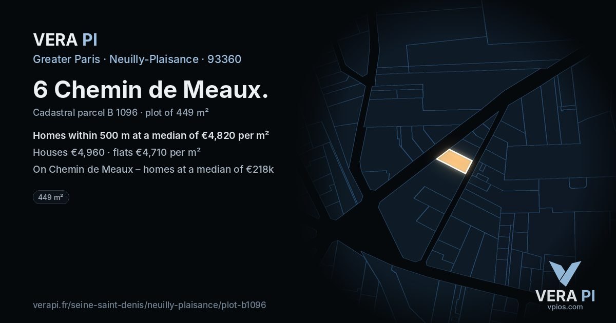 6 Chemin de Meaux, Neuilly-Plaisance at night – the plot lit, the parcels around coloured by the prices near them