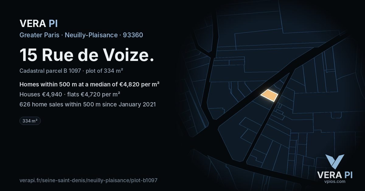 15 Rue de Voize, Neuilly-Plaisance at night – the plot lit, the parcels around coloured by the prices near them
