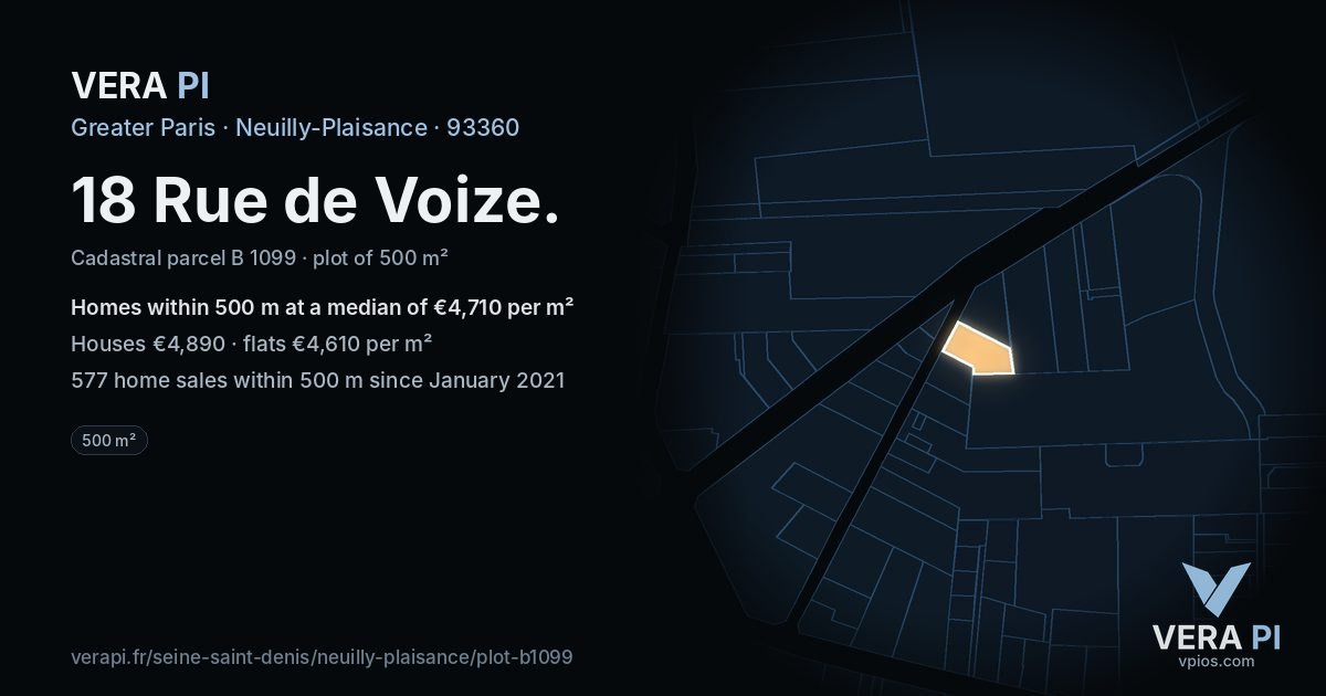 18 Rue de Voize, Neuilly-Plaisance at night – the plot lit, the parcels around coloured by the prices near them