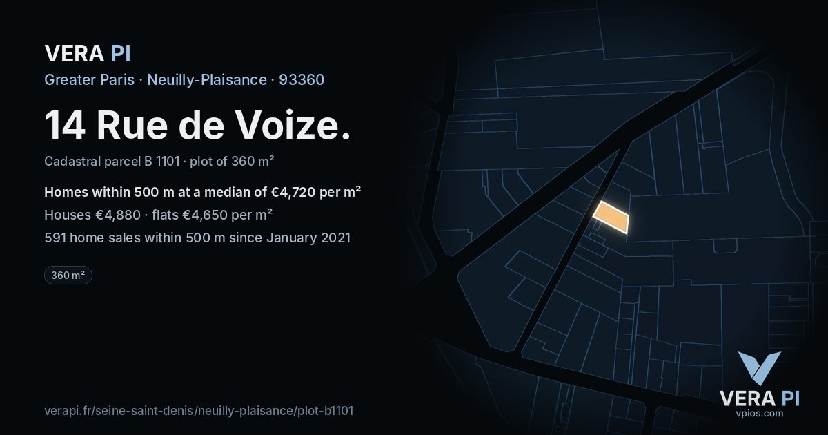 14 Rue de Voize, Neuilly-Plaisance at night – the plot lit, the parcels around coloured by the prices near them