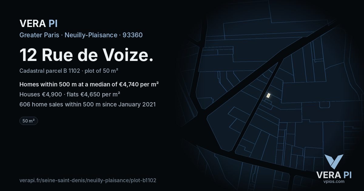 12 Rue de Voize, Neuilly-Plaisance at night – the plot lit, the parcels around coloured by the prices near them