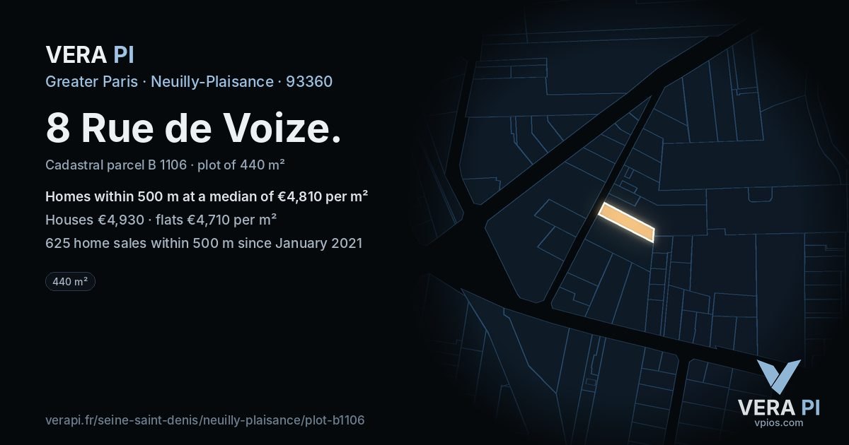 8 Rue de Voize, Neuilly-Plaisance at night – the plot lit, the parcels around coloured by the prices near them