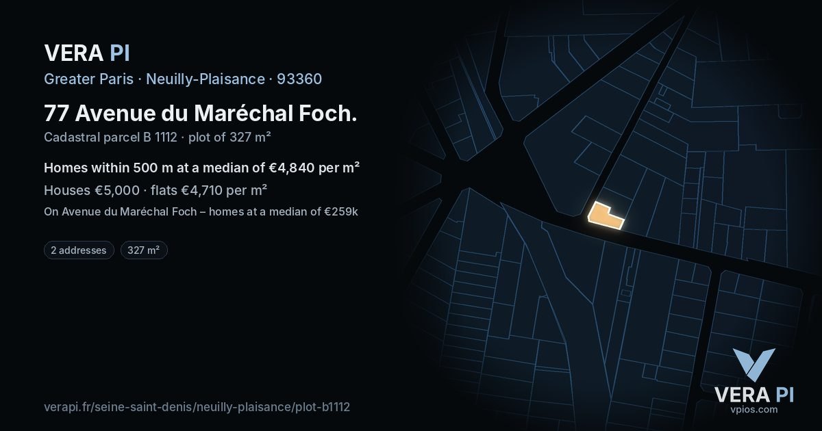 77 Avenue du Maréchal Foch, Neuilly-Plaisance at night – the plot lit, the parcels around coloured by the prices near them