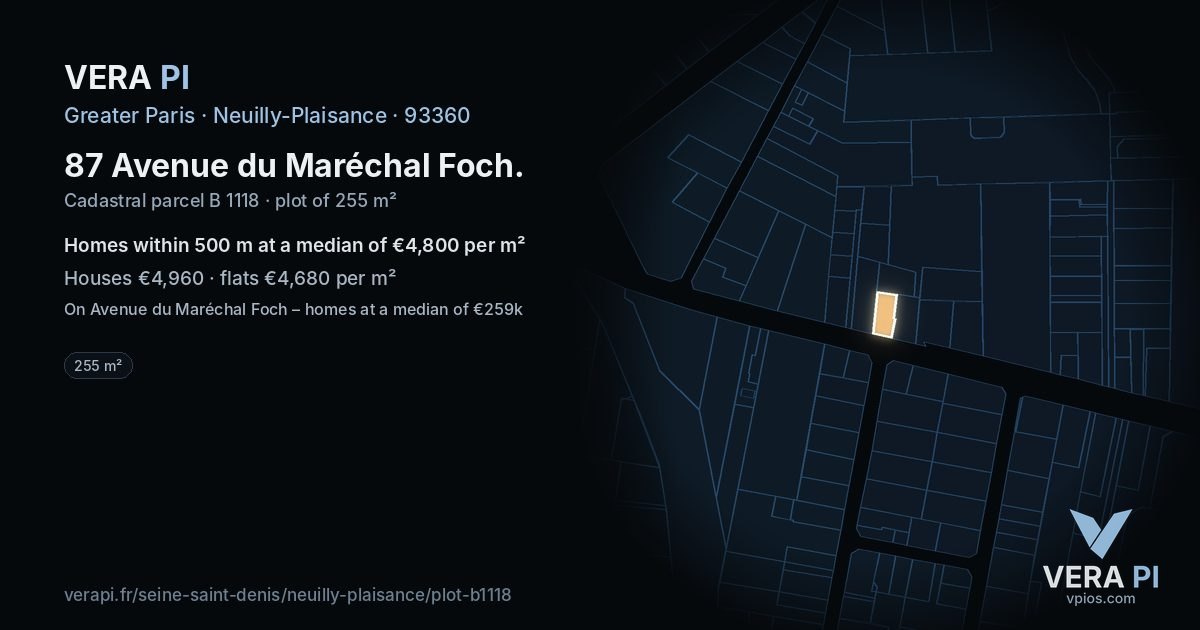 87 Avenue du Maréchal Foch, Neuilly-Plaisance at night – the plot lit, the parcels around coloured by the prices near them