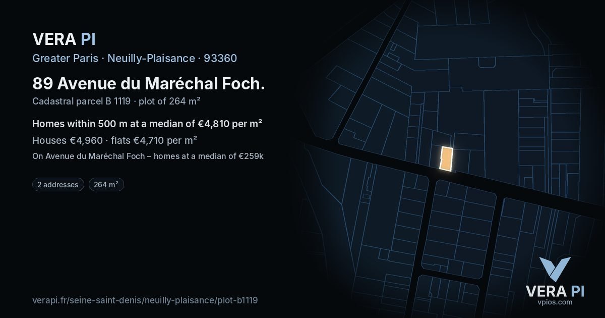 89 Avenue du Maréchal Foch, Neuilly-Plaisance at night – the plot lit, the parcels around coloured by the prices near them