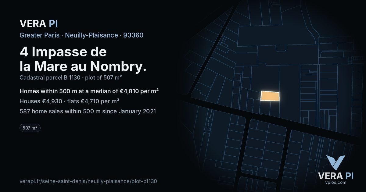 4 Impasse de la Mare au Nombry, Neuilly-Plaisance at night – the plot lit, the parcels around coloured by the prices near them