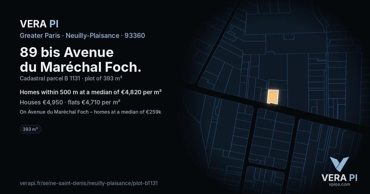 89 bis Avenue du Maréchal Foch, Neuilly-Plaisance at night – the plot lit, the parcels around coloured by the prices near them