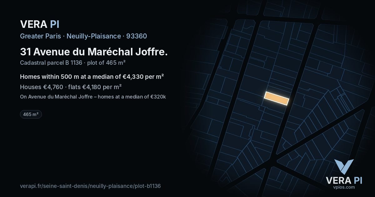 31 Avenue du Maréchal Joffre, Neuilly-Plaisance at night – the plot lit, the parcels around coloured by the prices near them