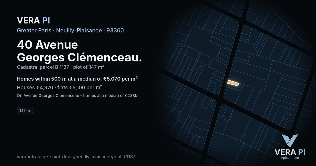 40 Avenue Georges Clémenceau, Neuilly-Plaisance at night – the plot lit, the parcels around coloured by the prices near them