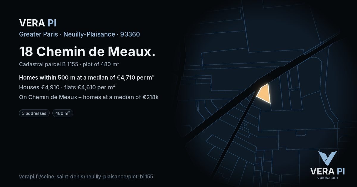 18 Chemin de Meaux, Neuilly-Plaisance at night – the plot lit, the parcels around coloured by the prices near them