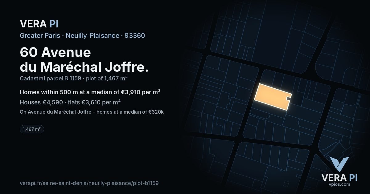60 Avenue du Maréchal Joffre, Neuilly-Plaisance at night – the plot lit, the parcels around coloured by the prices near them