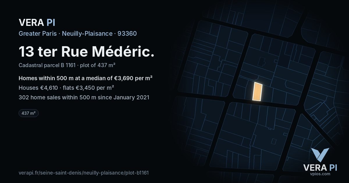 13 ter Rue Médéric, Neuilly-Plaisance at night – the plot lit, the parcels around coloured by the prices near them