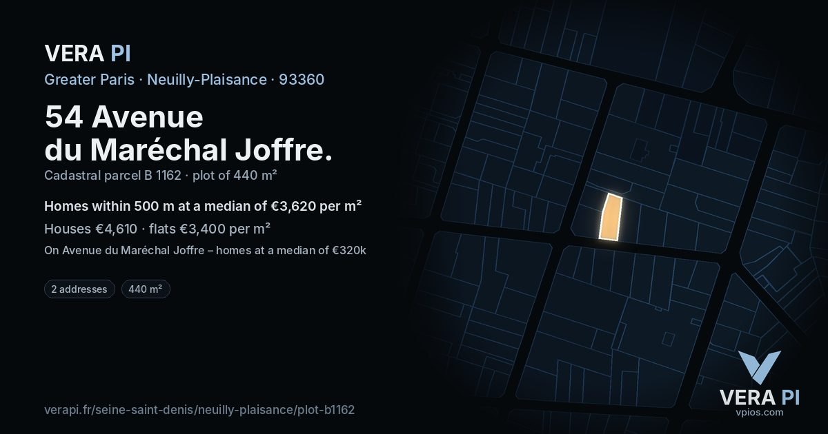 54 Avenue du Maréchal Joffre, Neuilly-Plaisance at night – the plot lit, the parcels around coloured by the prices near them