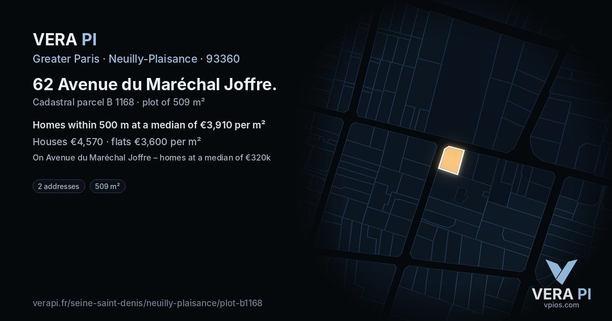 62 Avenue du Maréchal Joffre, Neuilly-Plaisance at night – the plot lit, the parcels around coloured by the prices near them