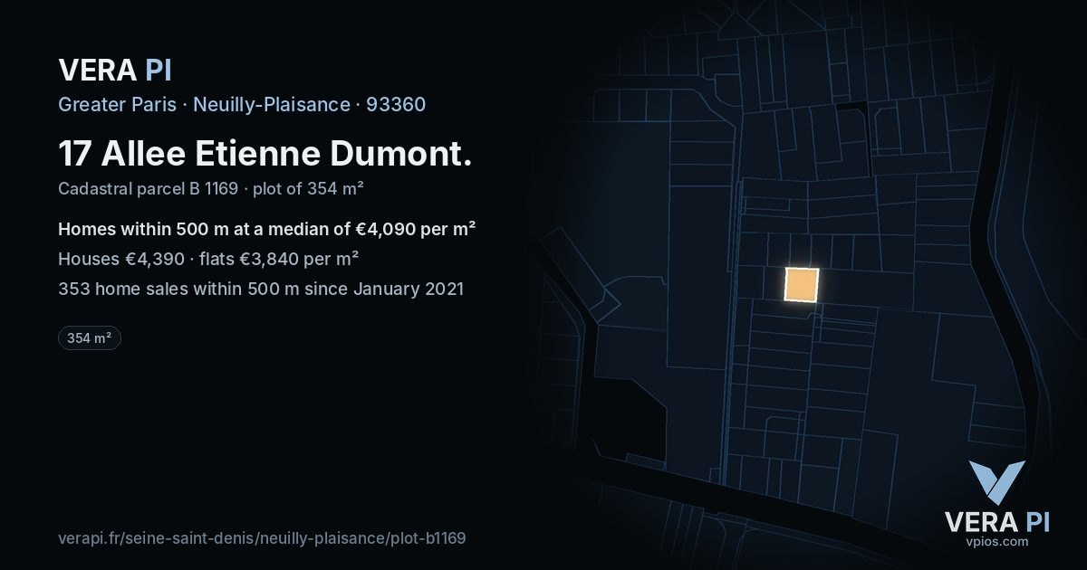 17 Allee Etienne Dumont, Neuilly-Plaisance at night – the plot lit, the parcels around coloured by the prices near them