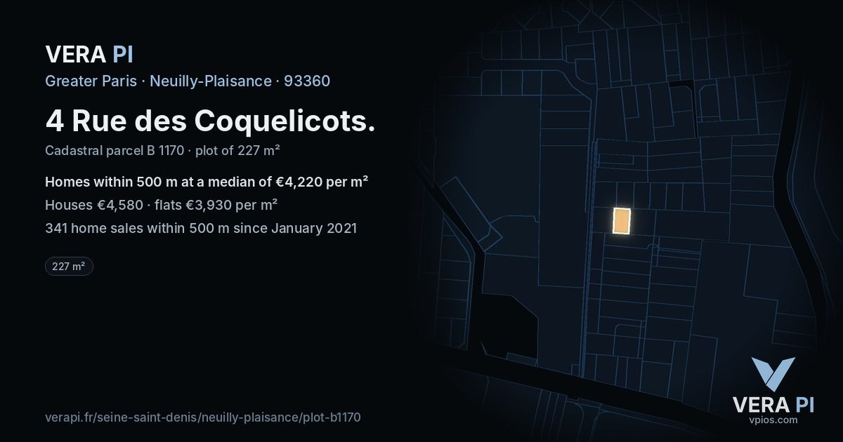 4 Rue des Coquelicots, Neuilly-Plaisance at night – the plot lit, the parcels around coloured by the prices near them