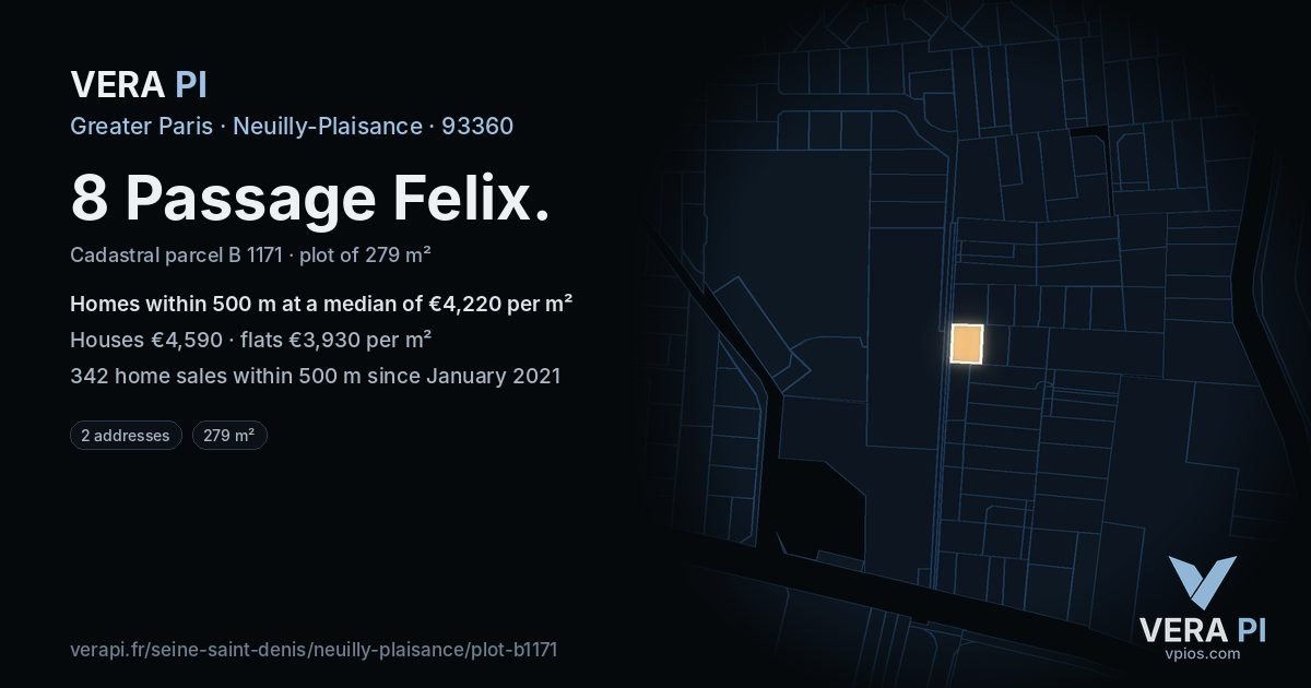 8 Passage Felix, Neuilly-Plaisance at night – the plot lit, the parcels around coloured by the prices near them