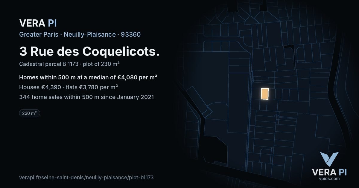 3 Rue des Coquelicots, Neuilly-Plaisance at night – the plot lit, the parcels around coloured by the prices near them